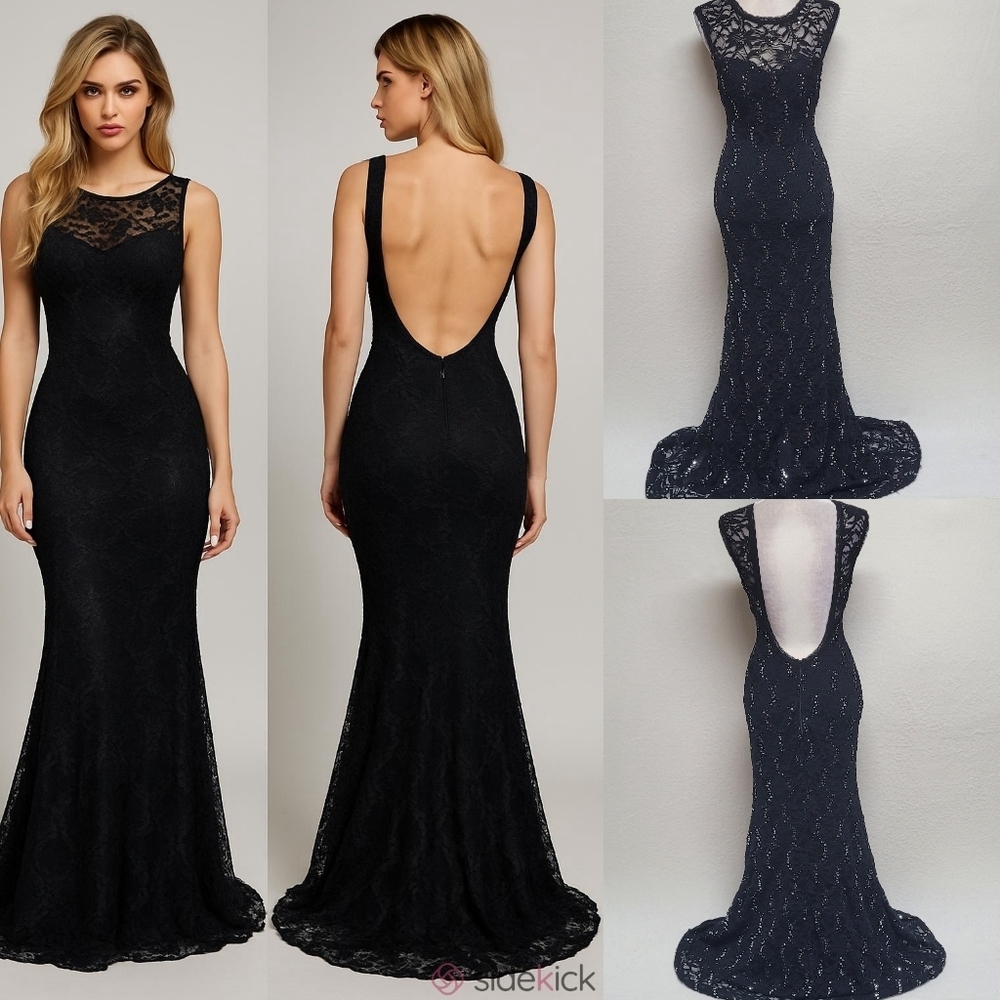 B. Darlin Vintage Sequin Black Lace Sweetheart Neckline Backless Mermaid Dress